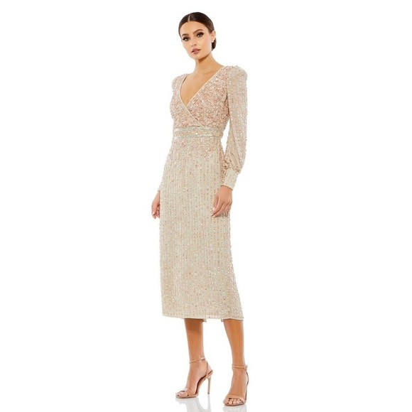 Mac Duggal 93593 NWT SEQUINED V NECK BISHOP SLEEVE DRESS - Picture 1 of 6